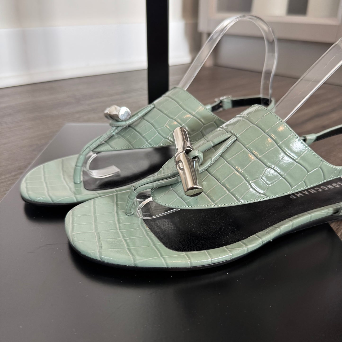 Longchamp Shield Croc Embossed Sandal