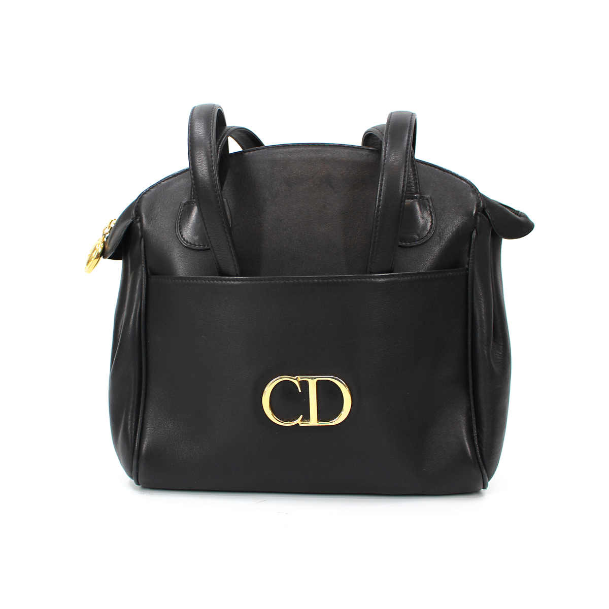Christian Dior Black Leather Gold Metal Logo CD Shoulder Bag – The