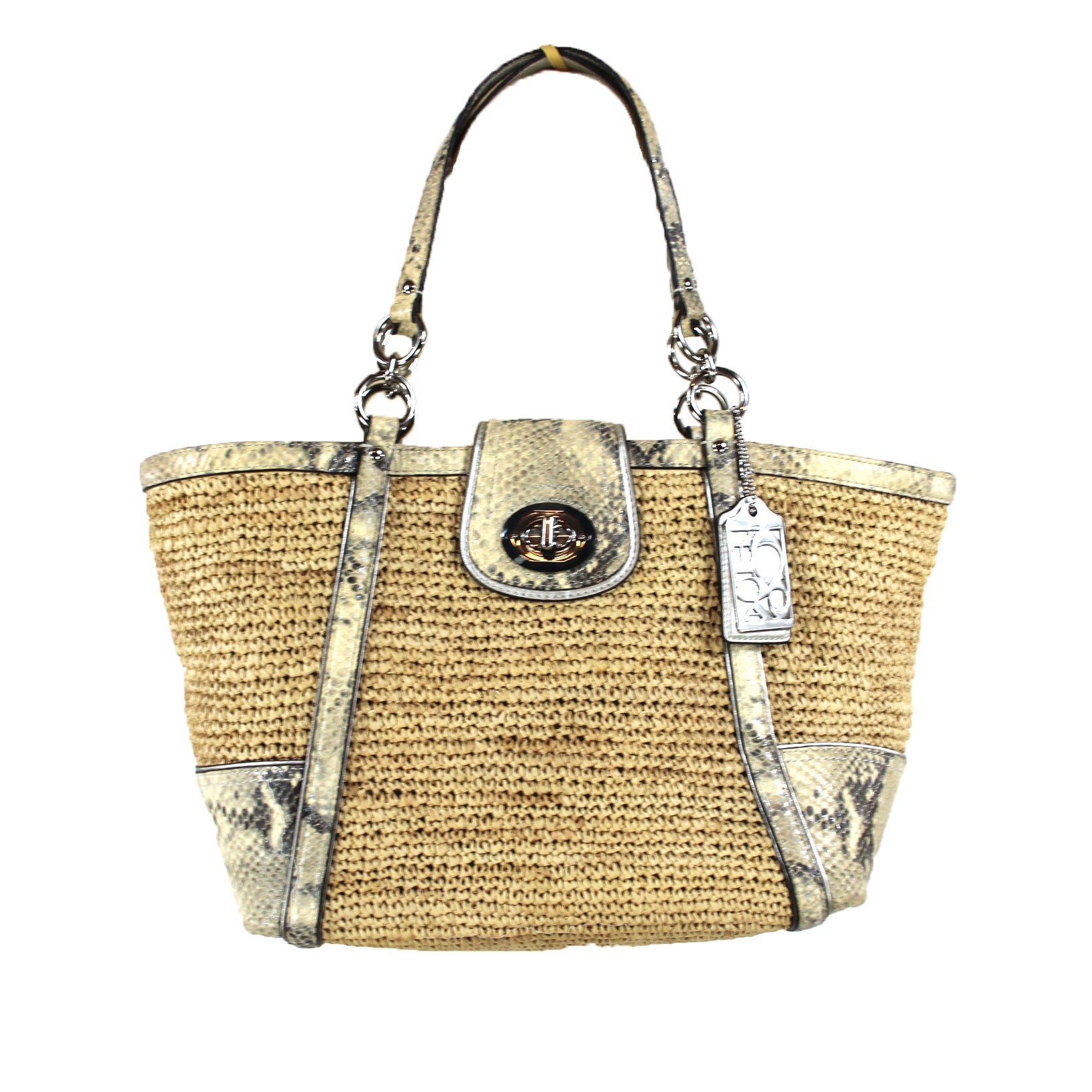 COACH Hamptons cheapest Basket Woven Straw and Embossed Python Print Tote Bag