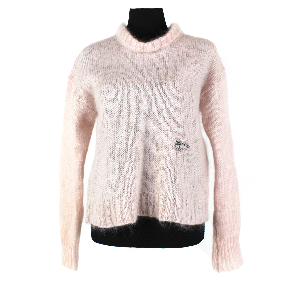 Ganni Pink Brushed Mohair Blend Logo Pullover Relaxed Fit Sweater 