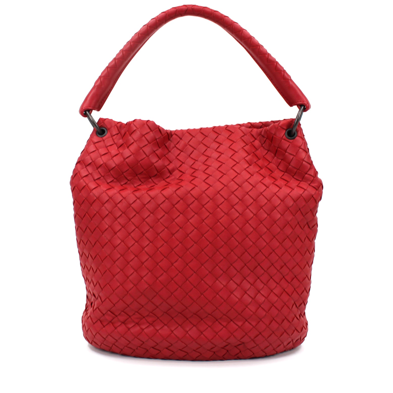 Bottega Veneta Intrecciato Red Woven Leather Bucket Tote Handbag – The  Closet New York