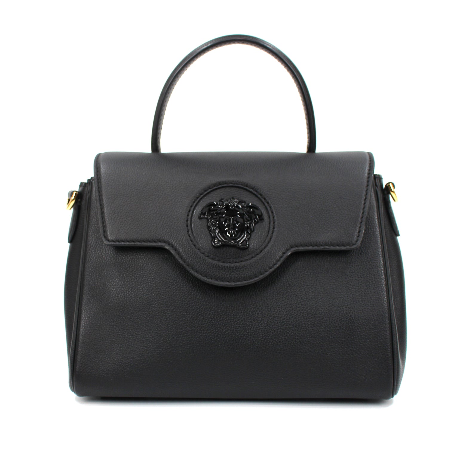 VERSACE: La Medusa bag in grained leather with shoulder strap - Blue