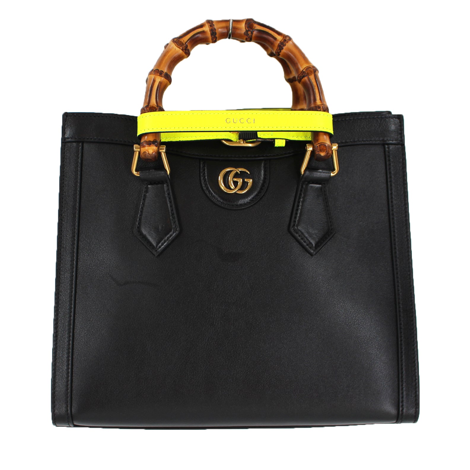 Gucci Small Black Leather Diana Neon Belt Bamboo Handle Tote – The