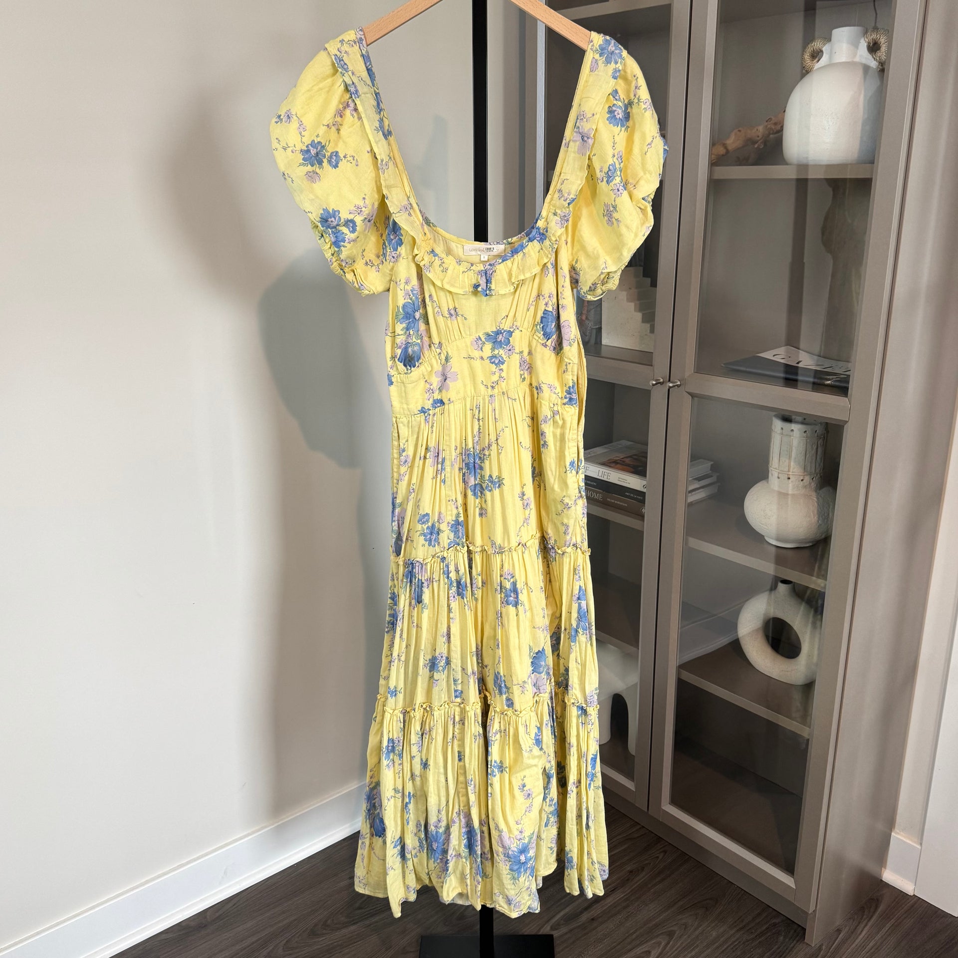 love shack fancy yellow dress LoveShackFancy Emory Tiered Midi Dress – The Closet New York