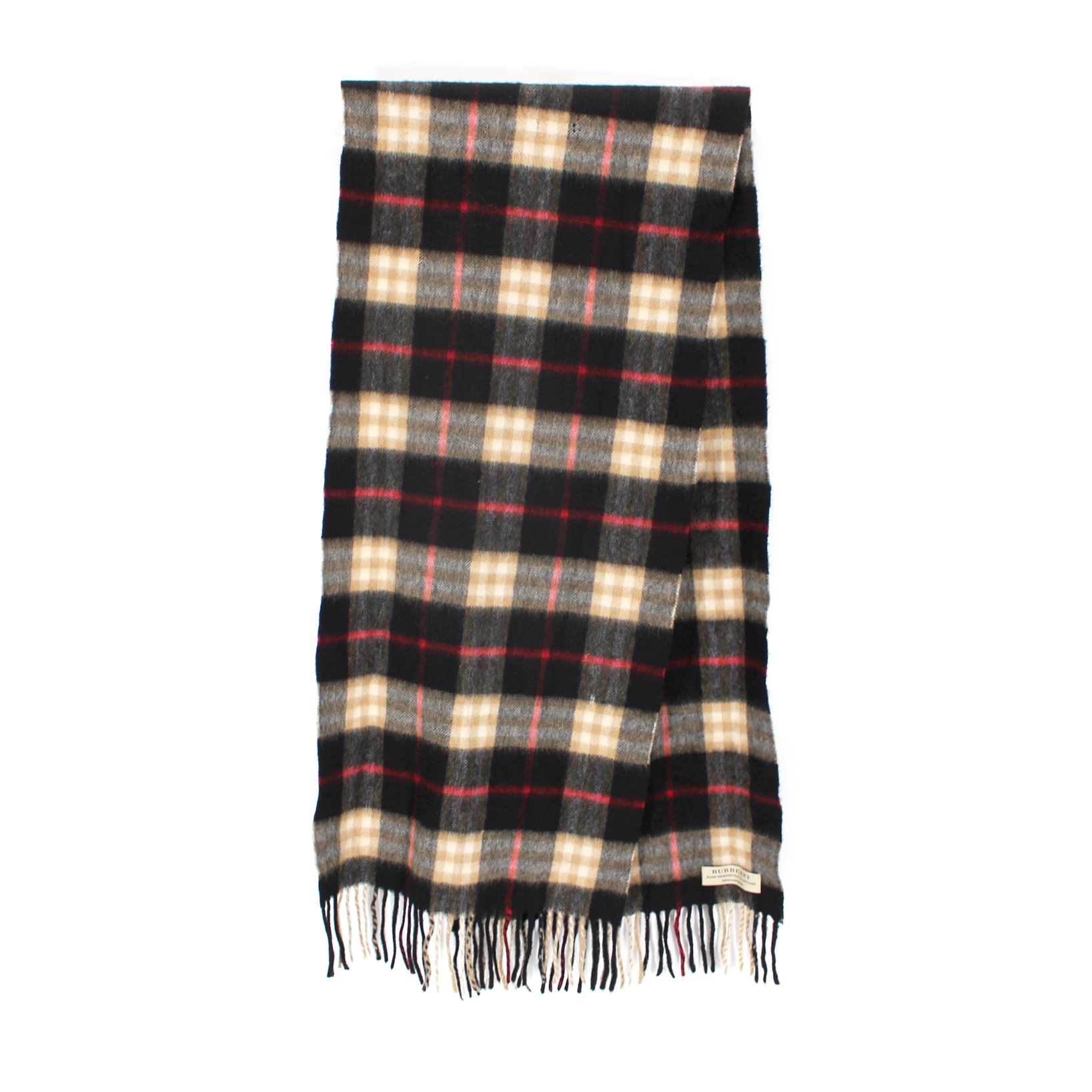Burberry Cashmere Black Tan Red Plaid Fringe Trim Neck Scarf – The