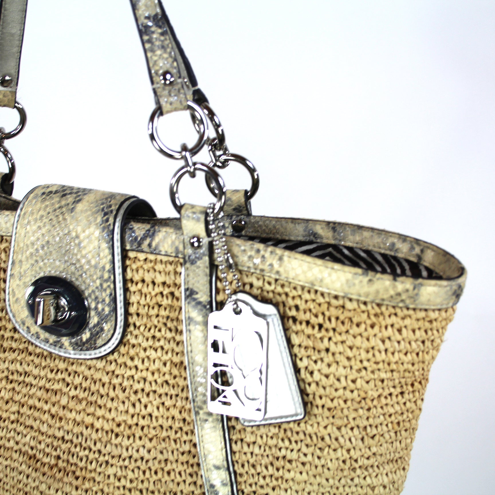 COACH outlet Hamptons Basket Woven Straw and Embossed Python Print Tote Bag