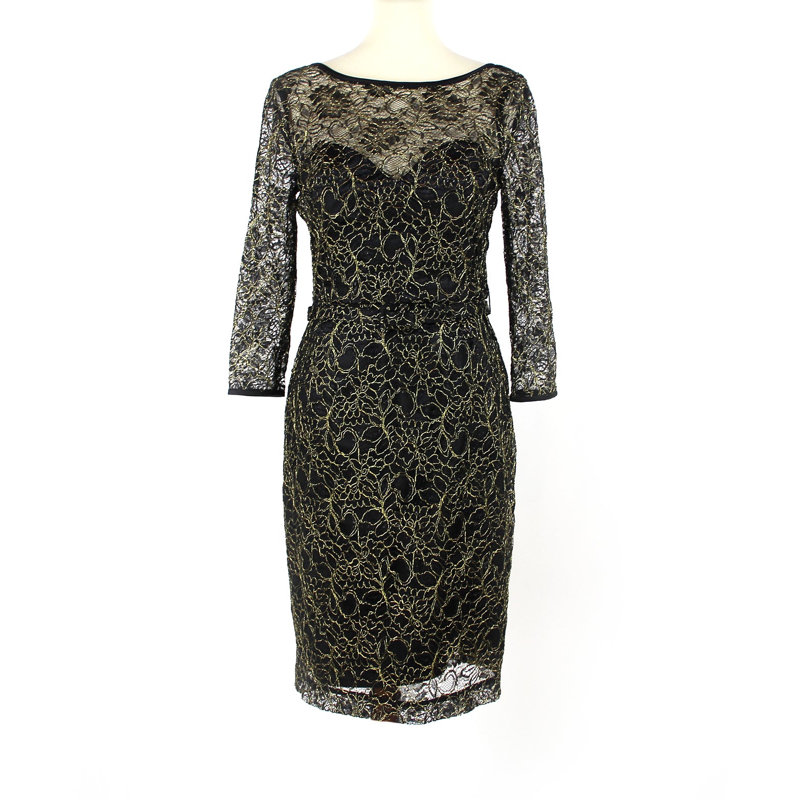 Theia Black Gold Floral Lace Covered Belted Cocktail Dress The Closet New York Theia Black Gold Floral Lace Covered Belted Cocktail Dress The Closet New York