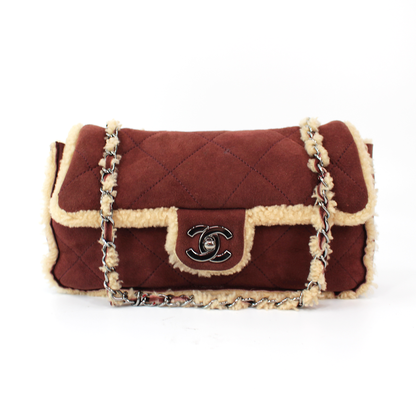 CHANEL CC TURNLOCK BROWN SUEDE LEATHER RED SHEARLING FLAP CLUTCH