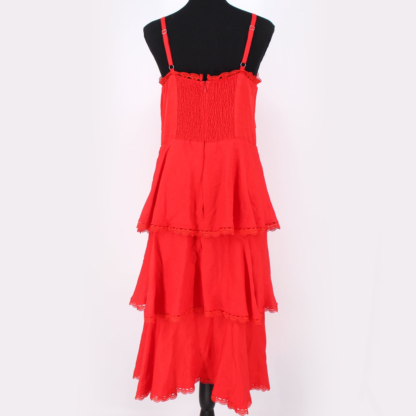 Marchesa Notte Red Tiered Lace Trim Sleeveless Midi Dress