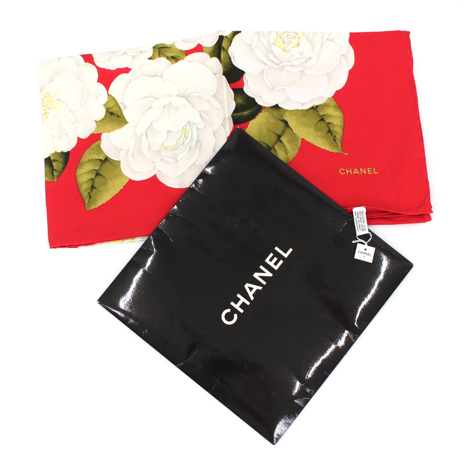 CHANEL Red & White Camellia Floral Print Silk Square Scarf – The