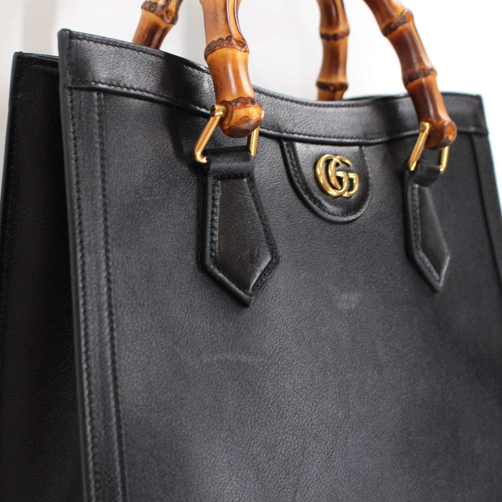 Gucci Small Black Leather Diana Neon Belt Bamboo Handle Tote – The