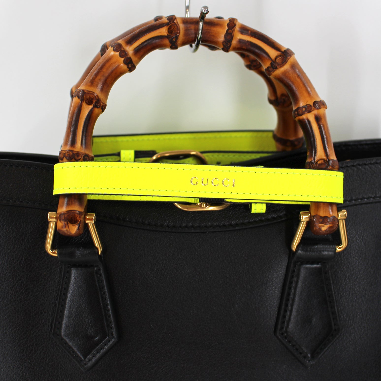 Gucci Small Black Leather Diana Neon Belt Bamboo Handle Tote – The