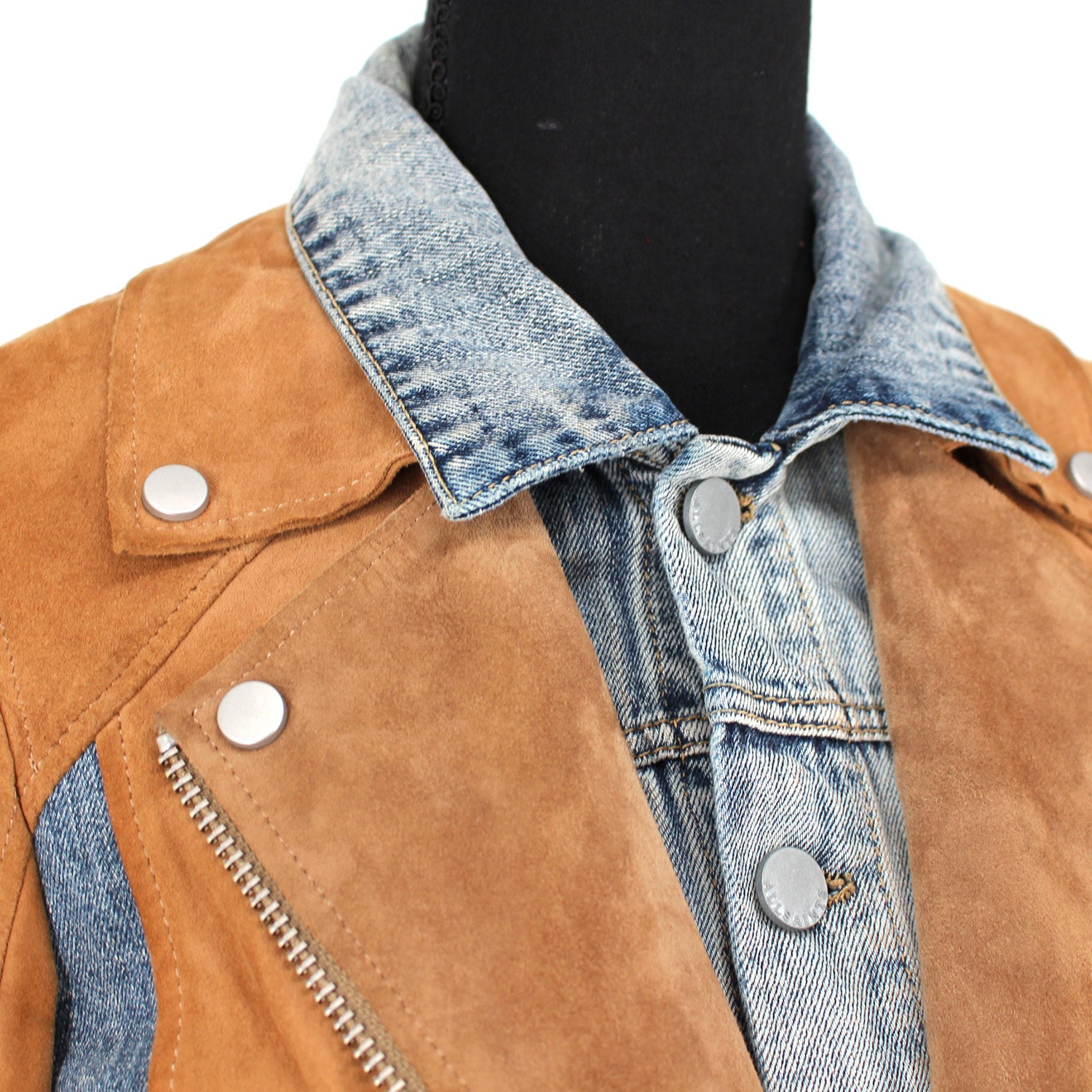 ALLSAINTS Frame Blue Denim Tan Suede Layered Jacket – The Closet