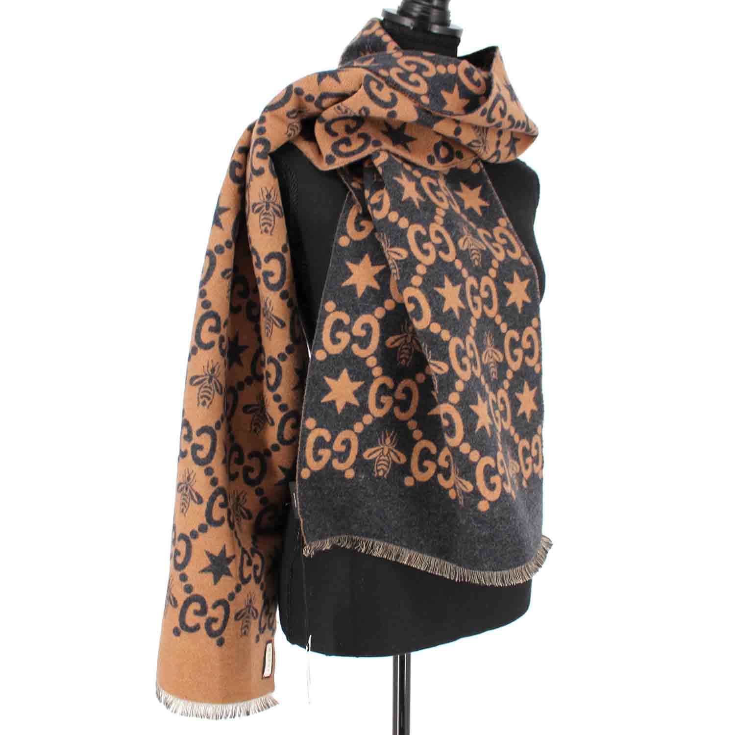 GUCCI Jacquard GG Logo Stars Bee Wool Silk Brown Scarf – The