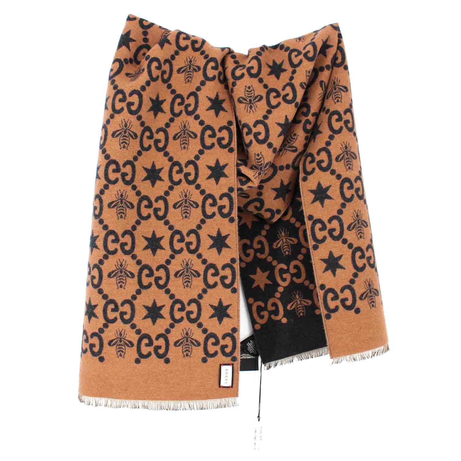 GUCCI Jacquard GG Logo Stars Bee Wool Silk Brown Scarf – The