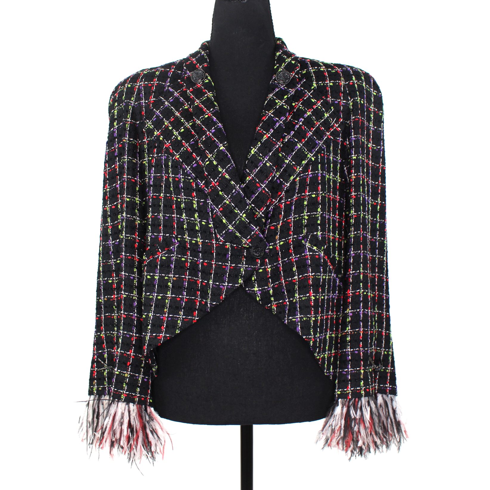 Chanel Black Multicolor Tweed Ostrich Feather Trim Blazer Jacket – The  Closet New York