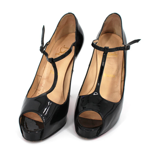 Christian Louboutin Senora Patent T-Strap Red Sole Heels Black 38
